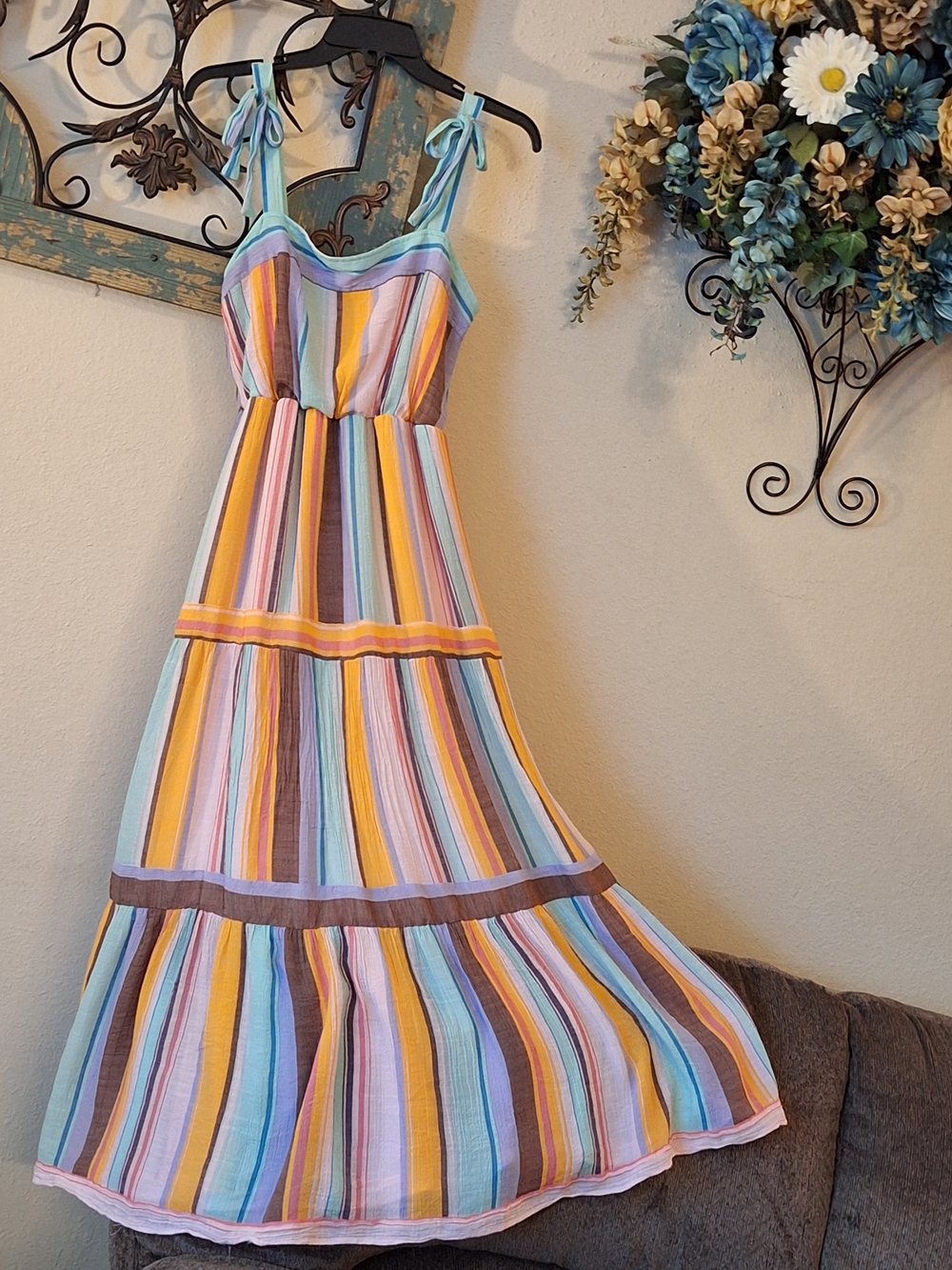 Striped Pastel Tiered Maxi Dress with Adjustable Straps. Size Medium - Picture 8 of 12